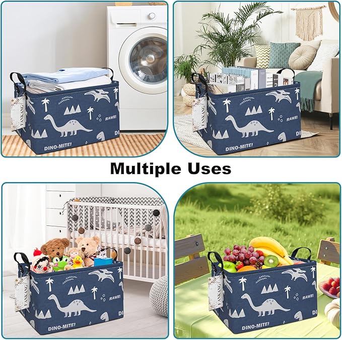 Storage Bins, Nursery Hamper Canvas Laundry Basket Foldable with Waterproof PE Coating Large Storage Baskets for Kids Boys and Girls, Office, Bedroom, Clothes,Toys(Rec-Blue dinosaur）