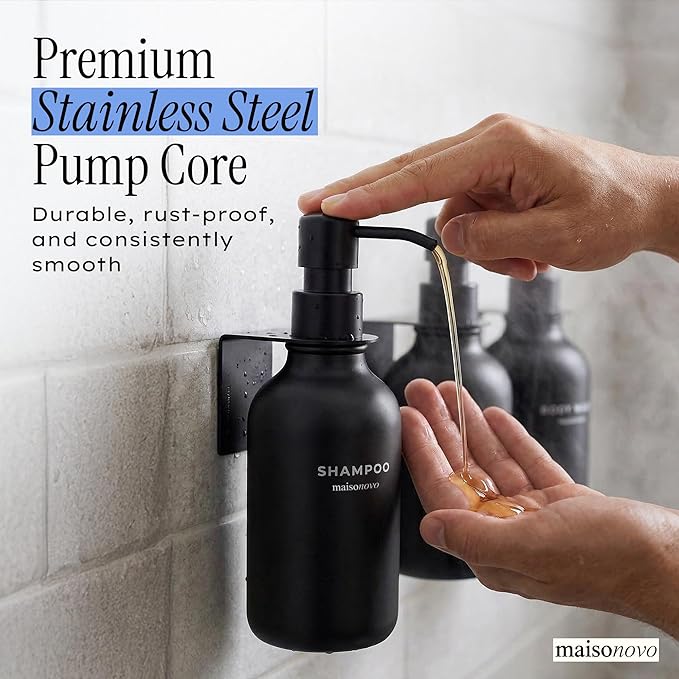 Shampoo and Conditioner Dispenser Wall Mounted Set of 3 Black - No Drill Shower Soap Dispenser for Bathroom Refillable - Spa Hotel Style Accessories by MaisoNovo