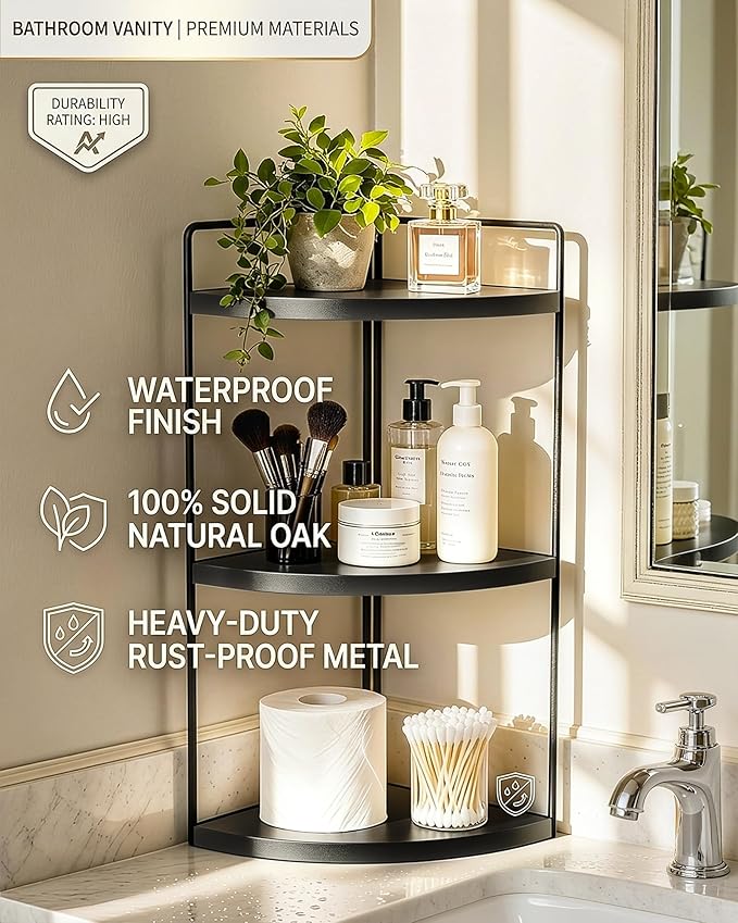 3-Tier Corner Bathroom Countertop Organizer, Solid Pine Wood Vanity Corner Shelf for Skincare & Makeup, Waterproof Standing Rack for Bathroom, Vanity, Kitchen & Dresser, Large 15.7"H, Black