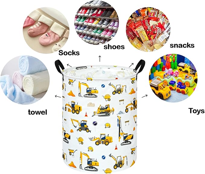 Kids Laundry Hamper Storage Basket Laundry Organizer Hamper Storage Bins Clothes Box Nursery Hamper Gift Basket with Handles(Excavator)