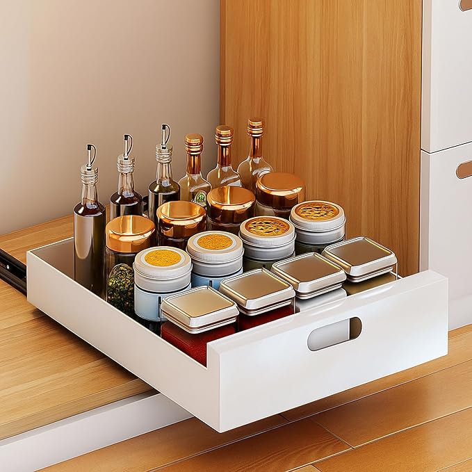 bealy 1 Pack Pull Out Cabinet Organizer Adhesive, 12'' W x 16.9" D x 3.1'' H Heavy Duty Carbon Slide Out Pantry Shelves, Sliding Drawer Pull Out Pantry Shelves for Kitchen, Living Room, Home