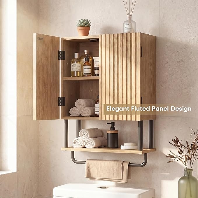 FerniTry Modern Fluted Bathroom Wall Cabinet,3-Tier Curved Profile Wooden Medicine Cabinet with 2 Doors,Over the Toilet Storage Cabinet Wall Mounted with Adjustable Shelf and Towel Bar(Oak, Small)