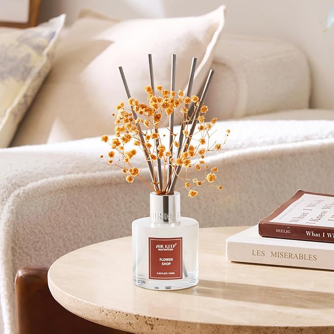 Airkeep Reed Diffuser Set,3.38 fl oz (100 ml) - Flower Shop Oil Diffusers with 8 Reed Sticks, Home Fragrance Reed Diffuser for Bathroom Shelf Decor