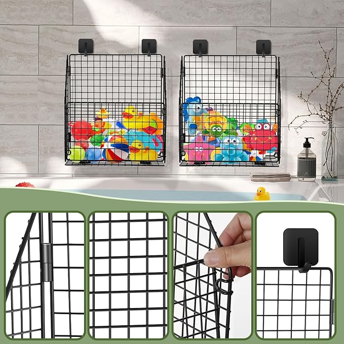 Greentainer 2 Pack Bath Toy Storage Organizer, Large Rustproof Metal Wire Basket, Foldable Wall Mounted Hanging Bathtub Toy Holder with Drainage, No Drill Adhesive Shower Caddy for Bathroom Tub