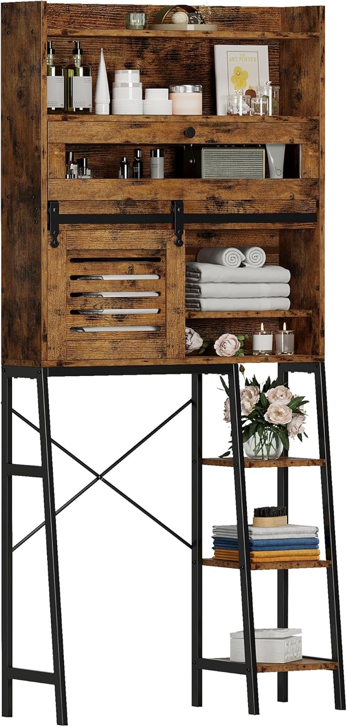 IRONCK Over The Toilet Storage Cabinet with Sliding Barn Door, 5-Tier Farmhouse Bathroom Organizer with Side Open Shelves, Freestanding Space Saver, Adjustable Shelf, Vintage Brown