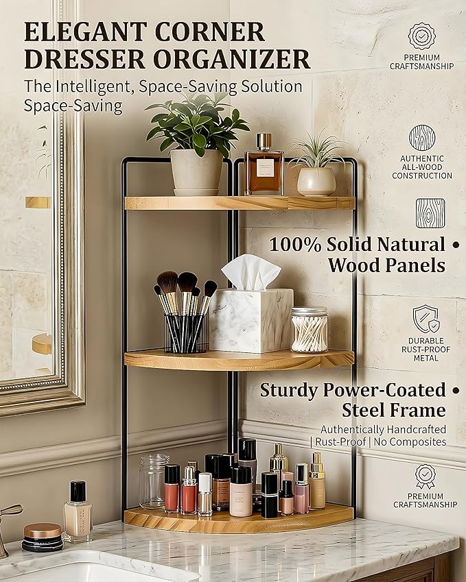 3-Tier Corner Bathroom Countertop Organizer, Solid Pine Wood Vanity Corner Shelf for Skincare & Makeup, Waterproof Standing Rack for Bathroom, Kitchen & Dresser, Large 15.7" H, Natural Wood