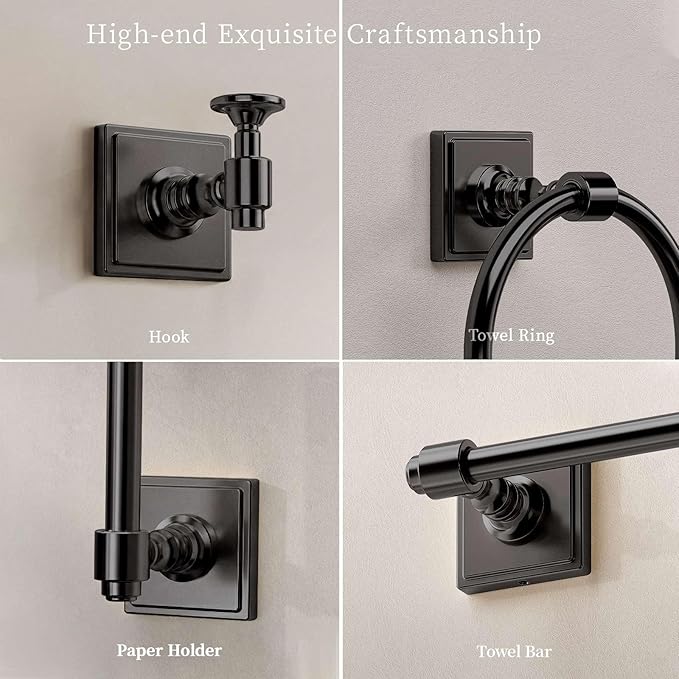 Matte Black Bathroom Towel Bar Set, 5 Piece Bathroom Hardware Accessory Set, SUS304 Stainless Steel 24" Towel Rack Holder Set for Bathroom, Wall Mounted
