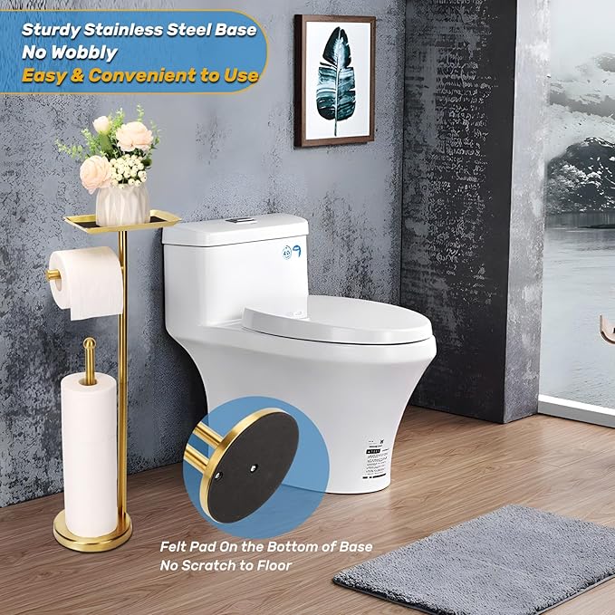 Exilon Toilet Paper Holder Stand for Bathroom Floor Freestanding Toilet Roll Dispenser Storages 4 Reserve Rolls, with Top Storage Shelf for Cell Phone (Brushed Gold)