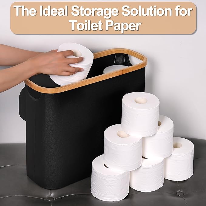 efluky Toilet Paper Basket 28L, Toilet Paper Holder with Lid for Bathroom, Free Standing Storage Organizer Holds Up to 9-12 Rolls (Black, 1)