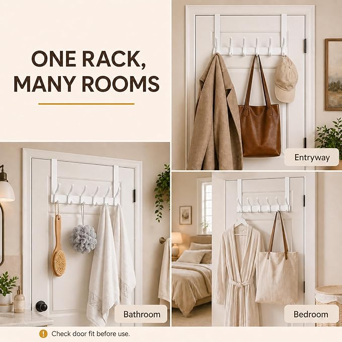 Peasulin Over The Door Hooks, Door Hanger with 12 Coat Hooks, 7.4" Extended Arm Over Door Towel Rack, Aluminum Alloy Rust-Proof, No Drilling, for Bathroom Bedroom Closet Entryway (White)
