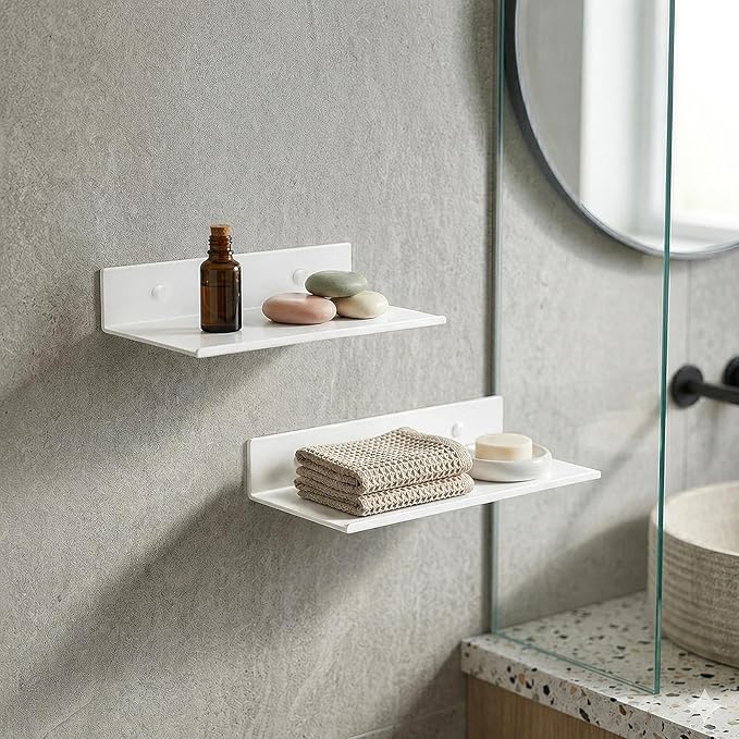 Z metnal Small Floating Shelves, No Drilling Mini Display Shelf for Phone Ceiling, Slim Narrow Lack Wall Shelf, Aluminum, Adhesive or Wall Mounted, White, 8 inch, 2 Pack