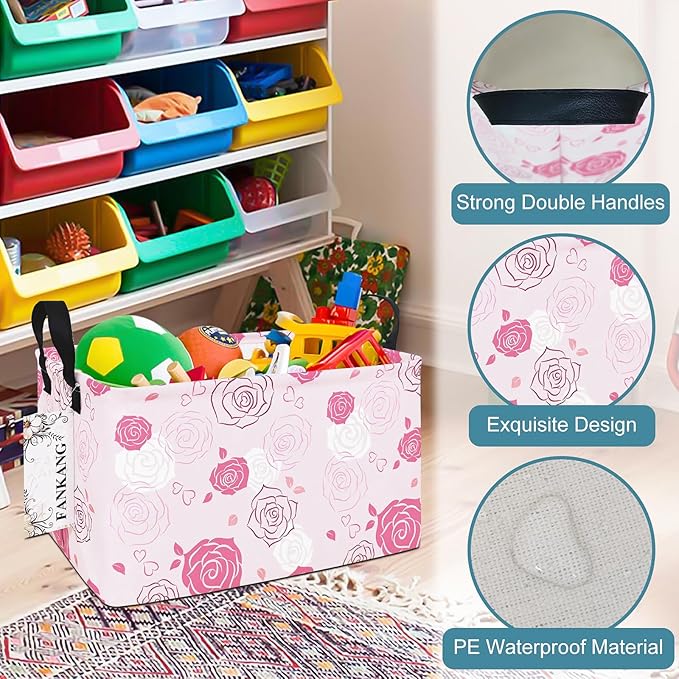 Storage Bins, Nursery Hamper Canvas Laundry Basket Foldable with Waterproof PE Coating Large Storage Baskets for Kids Boys and Girls, Office, Bedroom, Clothes,Toys(Rec-Pink roses ）
