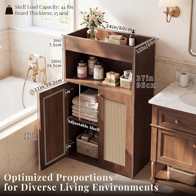 Bathroom Storage Cabinet, Rattan Freestanding Floor Organizer with Anti-Tip Devices and Adjustable Shelf, Small Cabinet for Bathroom, Kitchen, Living Room, Walnut