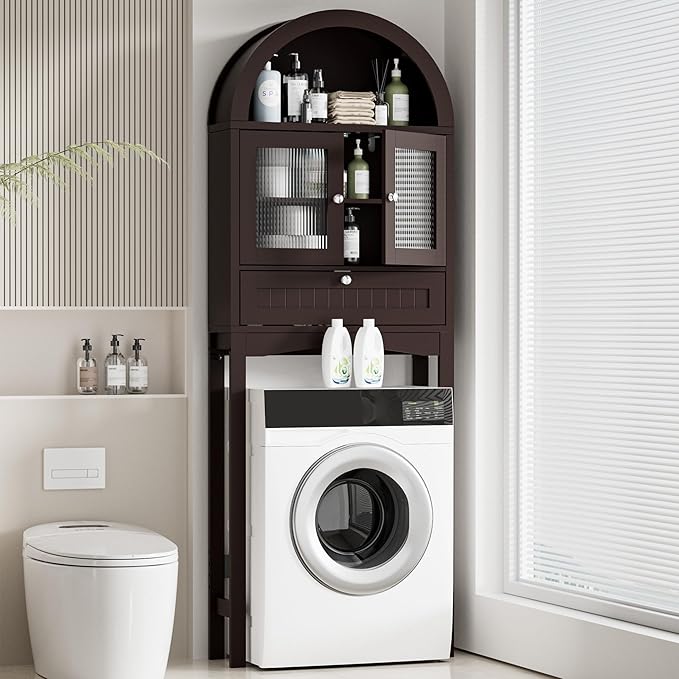 Spurgehom Over The Toilet Storage Cabinet, Bathroom Shelf Organizer Freestanding, Bathroom Arch Cabinet Over Toilet with Glass Door and Anti-Tipping Device, Coffee