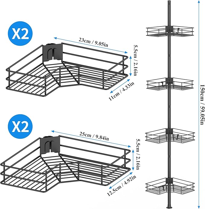 HuggieGems Adjustable Corner Shower Caddy Organizer Rack Shelves, Bathroom Shelf Storage, 4 Tier, Black, 2 Ways of Installation