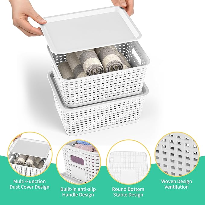 8-Pack White Plastic Storage Baskets with Lids, Label Organizers, Stackable Organizer Containers: For Organizing Shelves, Drawers, Desk Closets, Playrooms, Classrooms, Offices