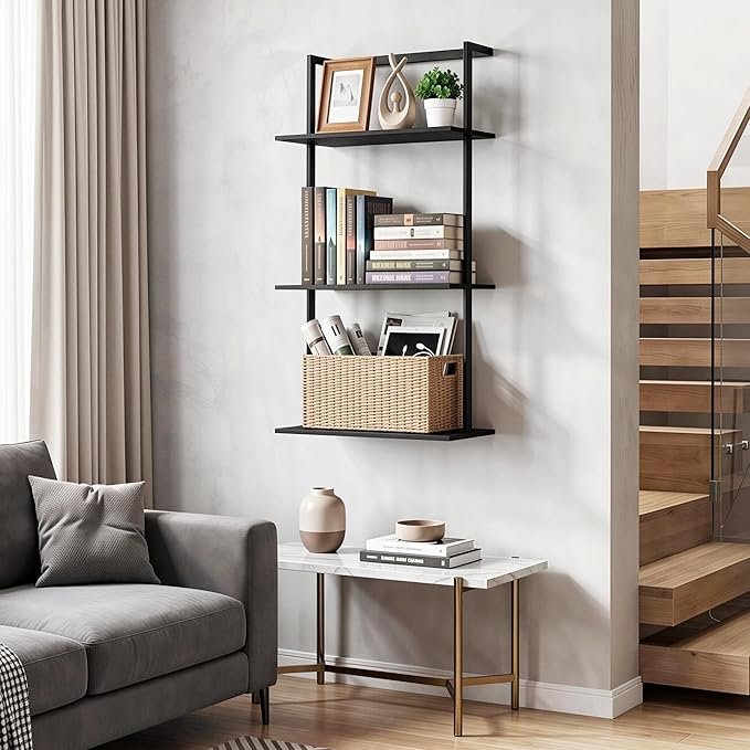 3-Tier Over the Toilet Storage Rack, Metal Wood Wall Mounted Floating Shelves for Bathroom Living Room Office, Black