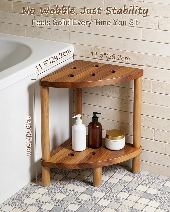 Bathroom Corner Shower Stool with Storage Shelf, Shower Foot Rest 15in, Wood Shower Stool for Shaving Legs, Waterproof Corner Shower Stool for Inside Small Shower Spaces, Acacia Wood