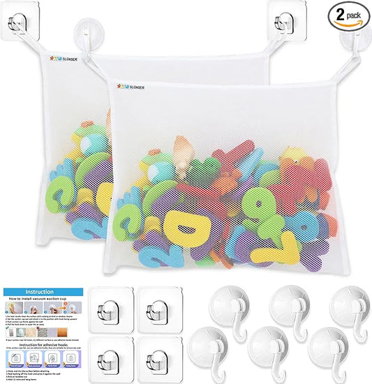 Bath Toy Net for Tub – Large Bath Toy Storage, Mesh Bath Toy Holder for Bathtub, Quick Dry Bathroom Bag for Kids Shower, Hanging Basket Organizer with Strong 6 Suction Cups 4 Adhesive Hooks, 2 Pack