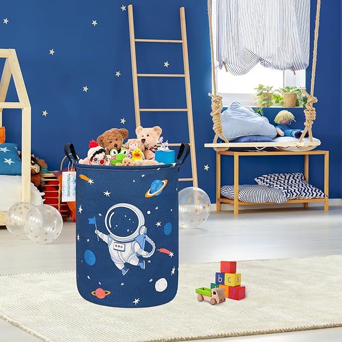 Laundry Basket Canvas Fabric Collapsible Organizer Basket for Storage Bin Toy Bins Gift Baskets Bedroom Clothes Children Nursery Hamper (Blue Space Astronaut)