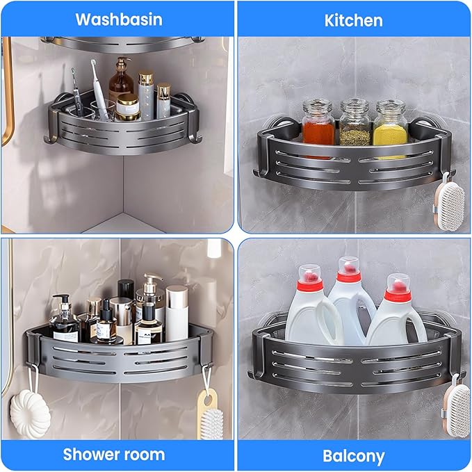 2 Pack Corner Shower Caddy Suction Cup Rust-proof aluminum alloy With 4 hooks No drilling required Removable Waterproof Bathroom Storage Rack for Shampoo, Shower Gel, Razors (gunmetal gray)