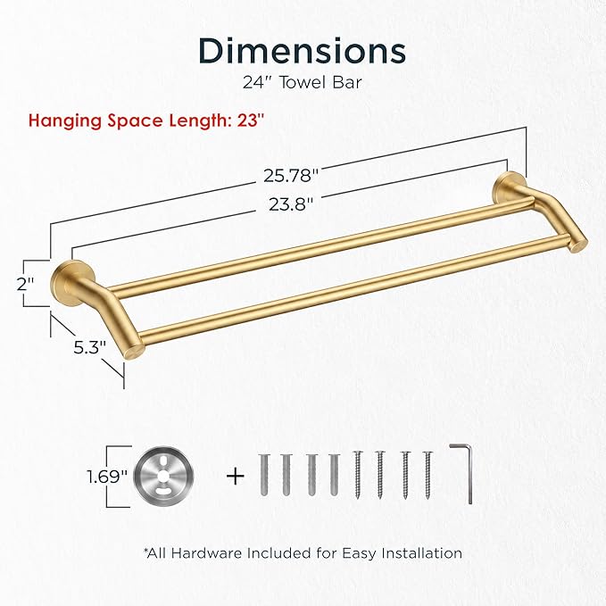 FORIOUS Double Towel Bar 24 Inch, Heavy Duty SUS304 Stainless Steel Dual Towel Racks for Bathroom Wall Mount, Space Saving Towel Rod Towel Holder Rail，Brushed Gold