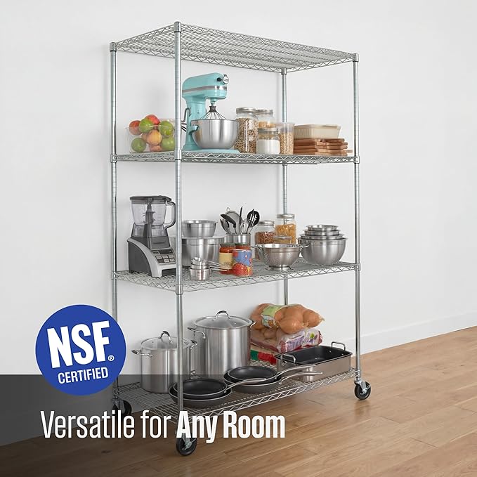 SafeRacks - NSF Certified Storage Shelves, Zinc, Heavy Duty Steel Wire Unit with Wheels and Adjustable Feet, Garage or Bakers Rack, Kitchen, Pantry Shelf - (24"x48"x72" 4-Tier) (Silver)