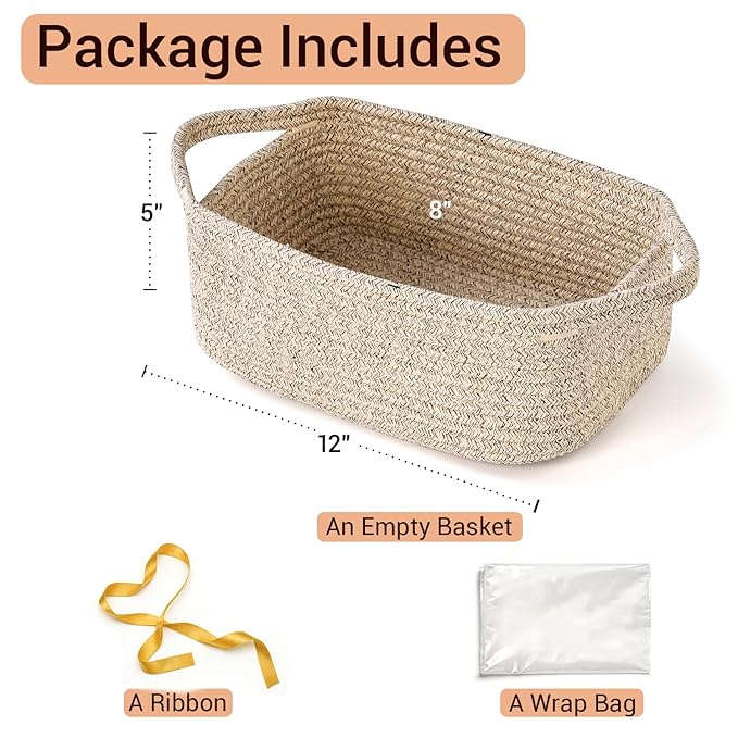 Small Woven Gift Basket Empty with Bag & Ribbon - Gifts for Mom, Baby Shower, Birthdays & Raffle - Cotton Rope Storage Basket for Dog Toys or Shelf - 12"x8"x5", Mixed Brown