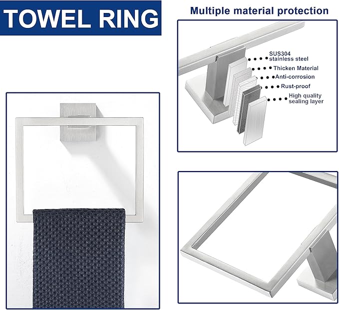 5 Pieces Bathroom Hardware Accessories Set Brushed Nickel, 16Inch Square Towel Racks Set for Bathroom, SUS304 Stainless Steel Towel Bar Set, Bath Accessories Sets Wall Mounted