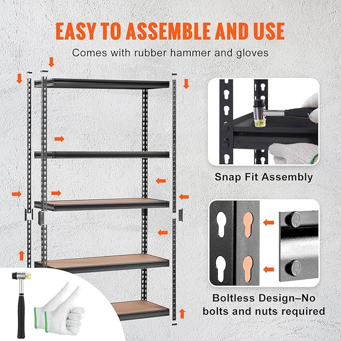 VEVOR Storage Shelving Unit, 5-Tier Adjustable, 2000 lbs Capacity, Heavy Duty Garage Shelves Metal Organizer Utility Rack, Black, 48" L x 18" W x 72" H for Kitchen Pantry Basement Bathroom Laundry