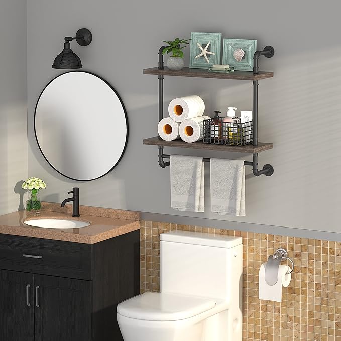 Helsin 2 Tier Wood Floating Shelves Towel Rack, Industrial Pipe Bathroom Shelves Wall Mounted with Towel bar, Wall Display Storage Shelf for Home & Bathroom Decor (Gray, 24inch)