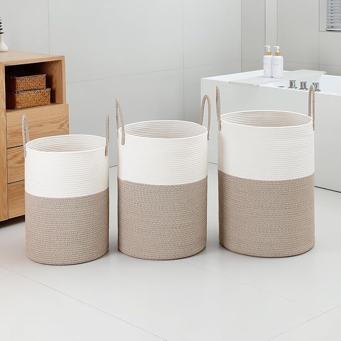 Laundry Basket Hamper Tall Rope Storage Woven for Blanket Toys Dirty Clothes in Living Room Bathroom Bedroom White & Brown 60L/15.8Gal
