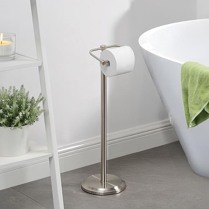 SunnyPoint Free Standing Toilet Paper Holder with Weighted Base, Bathroom Tissue Roll Stand, Holds Jumbo & Standard Rolls, Freestanding Toilet Paper Stand for Bathroom, Compact Storage Organizer (S.N)