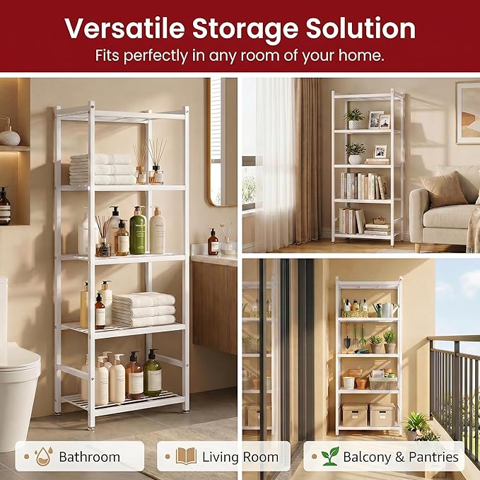 Small Storage Shelves, 5-Tier Metal Shelving Unit with Adjustable Feet, Compact Shelf Organizer for Garage, Kitchen, Pantry and Closet Organization, 11.8" x 17.7" x 56.3",White