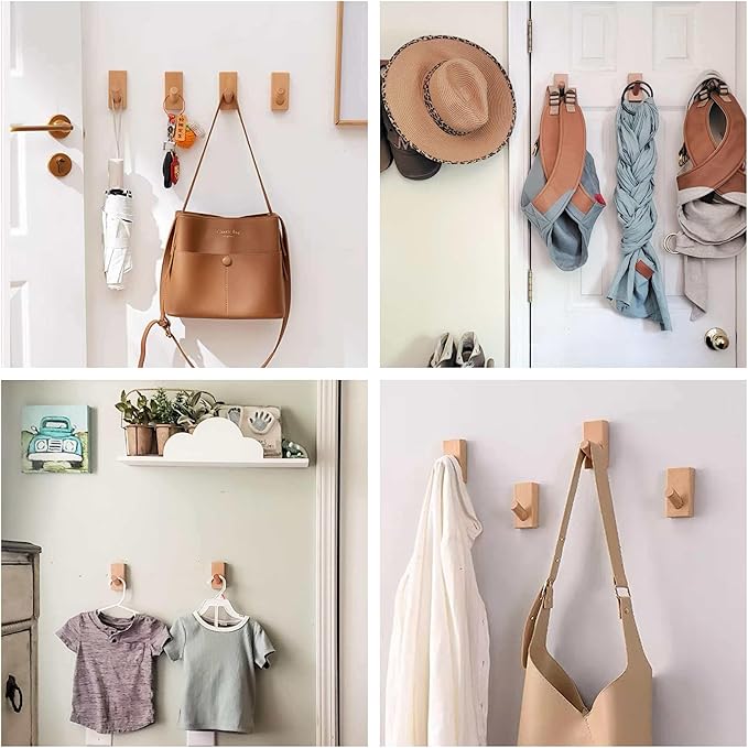 HomeDo 4Pack Adhesive Wall Hooks Hat Rack, Wooden Coat Hooks Wall Mounted, Decorative Hooks Single Organizer Hat Hanger Towel Rack, Heavy Duty Hooks (Rectangle-Beech,4P)