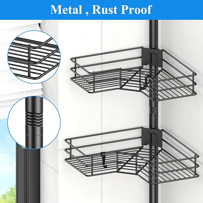 HuggieGems Adjustable Corner Shower Caddy Organizer Rack Shelves, Bathroom Shelf Storage, 4 Tier, Black, 2 Ways of Installation