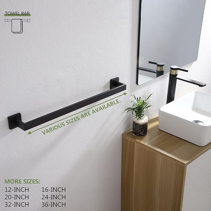 KOKOSIRI 24-Inch Single Towel Bar, Bathroom Kitchen Towel Holder, Wall Mounted SUS304 Stainless Steel Towel Rack 2 Pack, Matte Black, B4003BK-L24-P2