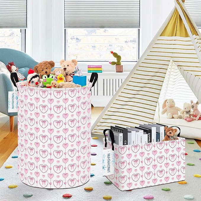 Laundry Basket Canvas Fabric Collapsible Organizer Basket for Storage Bin Toy Bins Gift Baskets Bedroom Clothes Children Nursery Hamper (Pearl Heart)