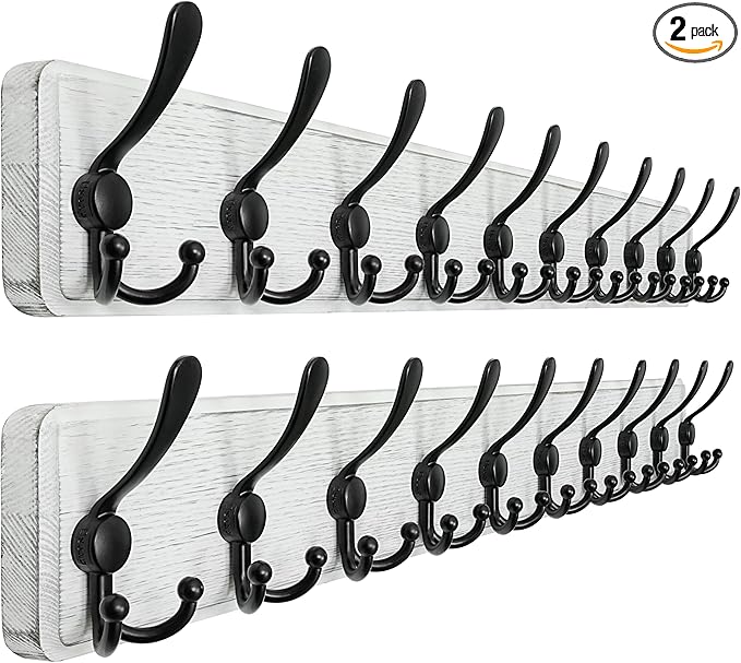 Dseap Coat Rack Wall - Heavy-Duty 38-1/4" Long, with Reinforced 10 Custom Tri-Hooks, Solid Wood Wall Hanger for Coats Hat Jackets - Rustic Farmhouse Entryway Storage, White & Black, Pack of 2