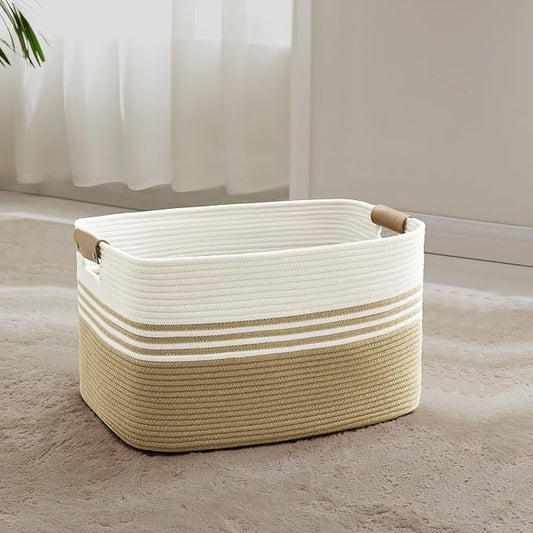 45L Small Laundry Basket with Leather Handles for Living Room Storage, Woven Rope Baskets Bin for Blanket, Kids Toy, Gifts, Wicker Hamper for Bedroom Dirty Clothes, 18"x14"x11" Khaki