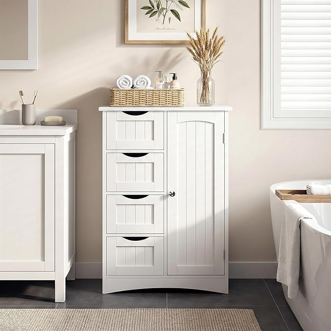ZENY Bathroom Floor Storage Cabinet, Side Storage Organizer with 4 Drawers and 1 Cupboard, Adjustable Shelf Freestanding Entryway Storage Unit for Living Room/Bathroom (White)