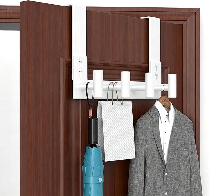 PMMASTO Over The Door Hooks, Fits 1-3/4" Thick Door No Drill Hooks for Closet Bathroom Bedroom Organization, Hanger for Coat Towel Robe (White, 4 T-Hooks)