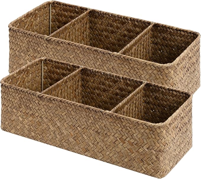 StorageWorks Toilet Paper Basket for Back of Toliet，with 3-Compartments, Basket Organizer, Seagrass Toilet Tank Basket, Brown, 2-Pack