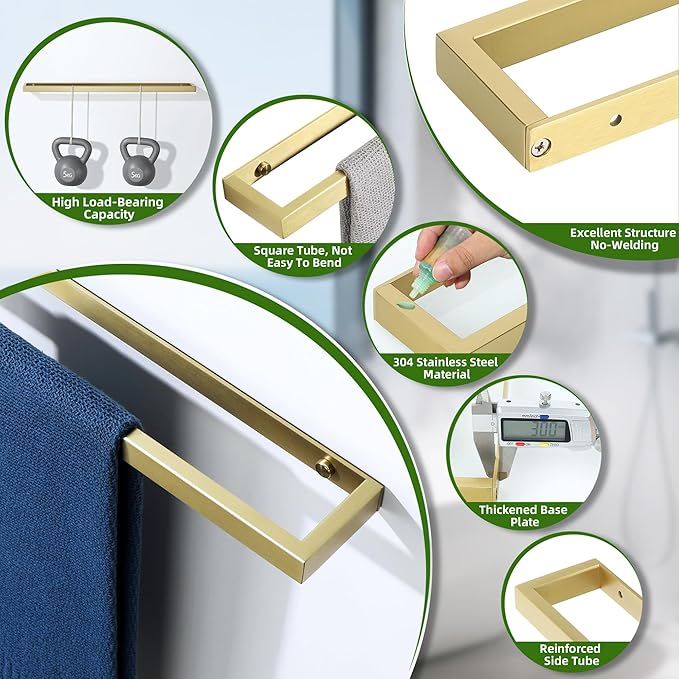 Alise Hand Towel Holder,12 Inch Self Adhesive Towel Bar for Bathroom,Towel Racks for Lavatory,Wall Mount Towel Hanger,SUS304 Stainless Steel Towel Rail,Brushed Gold