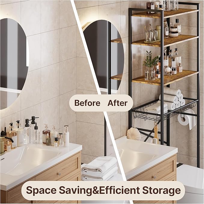 Gizoon Over-The-Toilet Storage Rack with Adjustable Shelf and Basket, 4-Tier Freestanding Space Saver Bathroom Shelves Above Toilet for Room