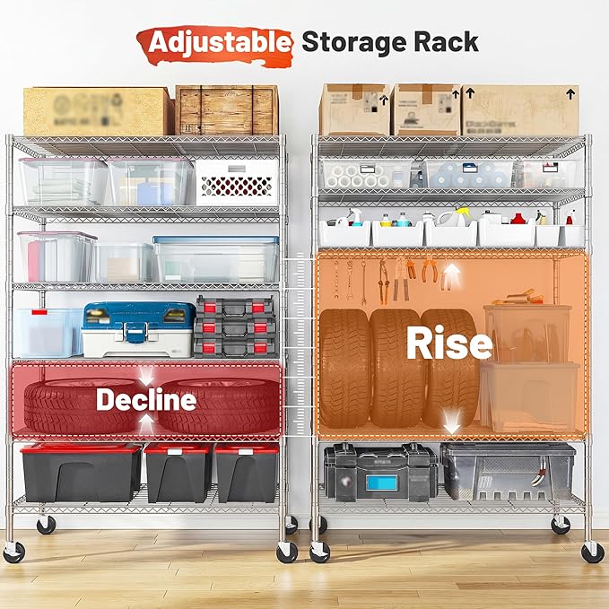 Romorgniz 82" H X45 W X18 D Storage Shelves with Wheels, 6 Tier Wire Shelving Adjustable Metal Shelving Pantry Shelves Capacity 1200LBS for Garage Shelving, Pantry, Kitchen, Closet,Chrome