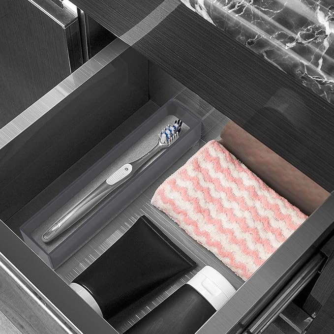 Linkidea 2 Pack Acrylic Toothbrush Holder with Diatomite Drying Stone, Drawer Organizer with Drainage Hole for Toothbrush, Compatible with Colgate Extra Clean, Oral-B CrossAction (Grey)