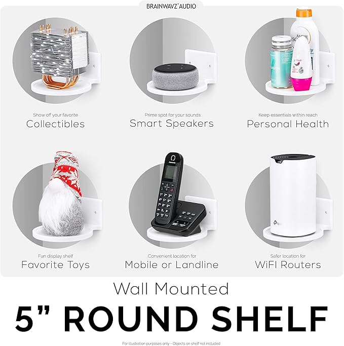 BRAINWAVZ 5” Round Floating Shelf Mount for Security Cameras Baby Monitors Speakers Plants Toys & More Universal Holder Stick-On Or Screw Mount, Easy to Install (White)