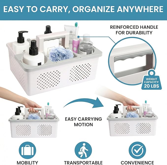 KMV Dorm Room Portable Shower Caddy with Adjustable Compartments - Ventilated Drainage Design with Handles, Perfect Toiletries Organizer for College Dorms-white