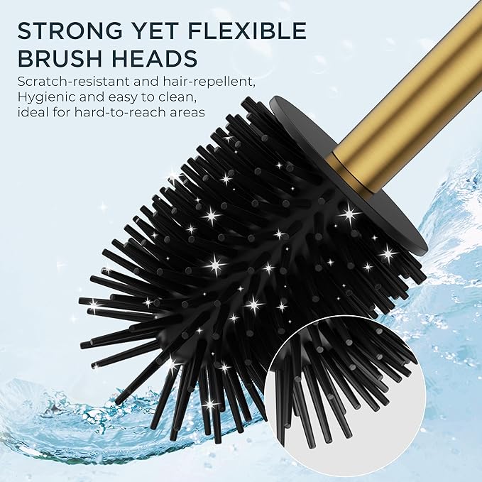 FORIOUS Toilet Brush and Holder Set, SUS304 Stainless Steel Square Base, Extended Long Handle, Drip-Proof & Space Saving, 2 Replaceable Brush Heads, Plastic & Silicone Dual Brush Head, Drak Gold